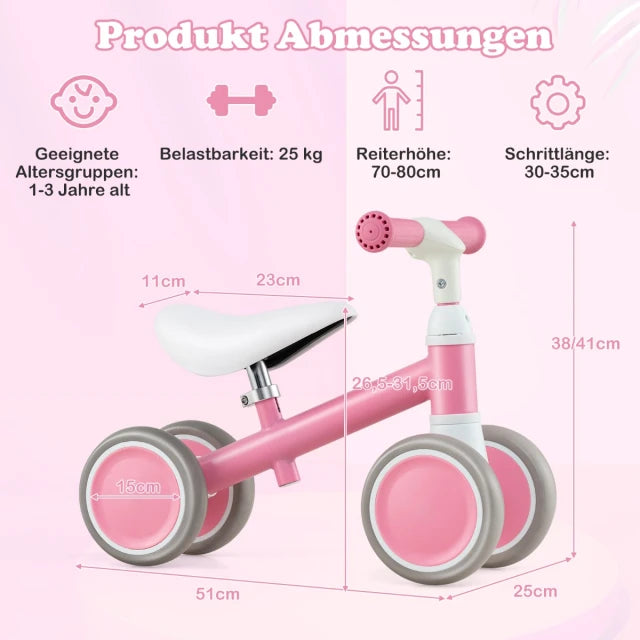 Coast Balance Bike 4 Räder 51 × 25 × 38/41 cm - Pink - Verstellbares Baby Balance Bike für Kinder von 1 bis 3 Jahren