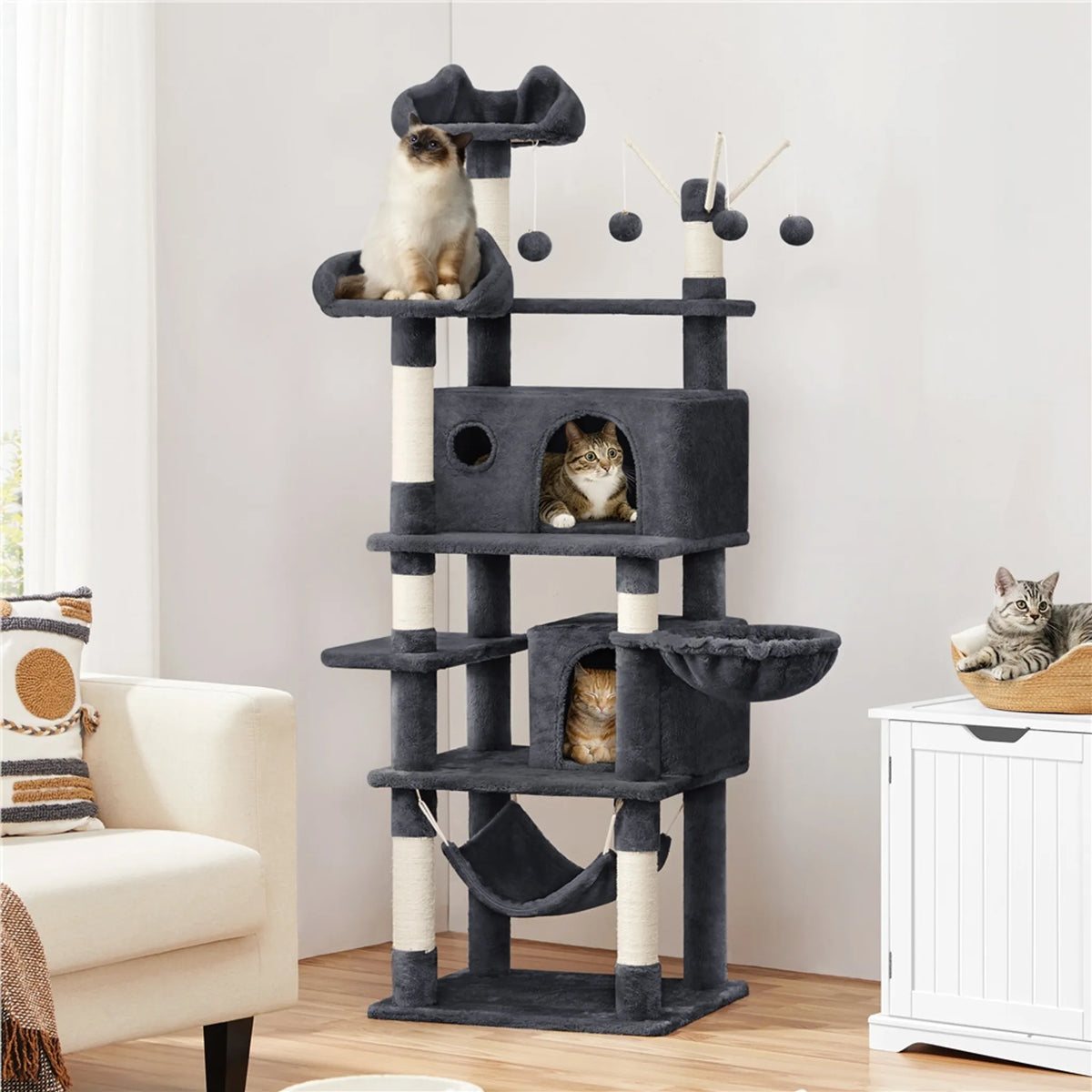 Yaheetech Katzenpfosten XXL mit 2 Aussichtsplattformen - Ausgestattet mit 2 Katzenlöchern und Hängematte und 7 Sisalpfosten - Für Haushalte mit mehreren Katzen - Dunkelgrauer Plüsch und Sisal - 55,5 x 45,5 x 170 cm