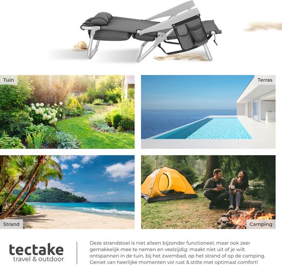 tectake® Beach Chair Coral - faltbarer Campingstuhl mit Kühltasche und Aufbewahrungstasche - 5-fach verstellbare Rückenlehne mit Kopfkissen - breite Armlehnen mit Becherhalter / Telefonhalter - faltbarer Campingstuhl - Grau