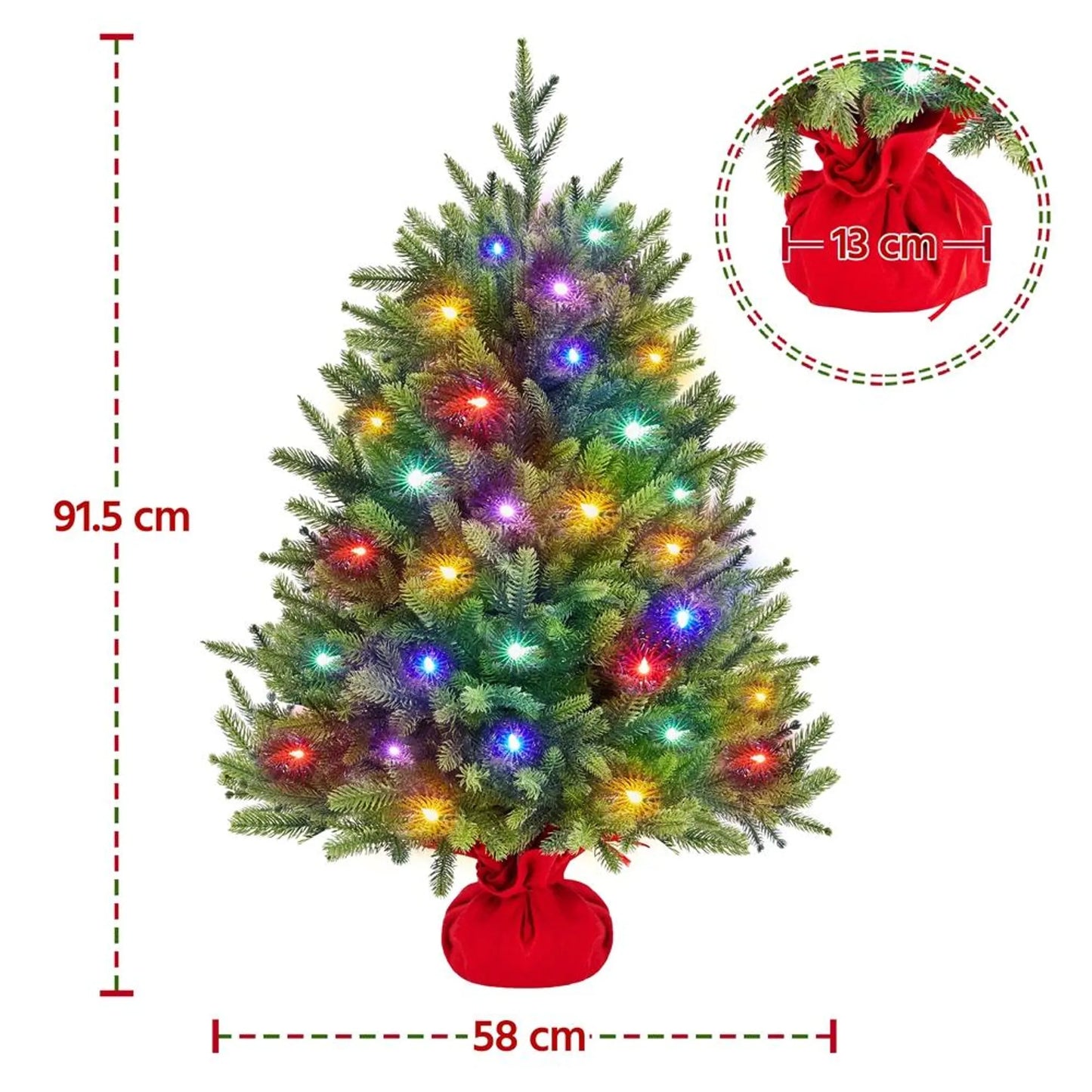 Yaheetech Künstlicher Weihnachtsbaum mit 50 farbigen Led-Lichtern - mit 143 Zweigspitzen und 8 Lichtmodi und Zementsockel - für Fensterbank und Tisch - grünes PVC und Beton - 58 x 58 x 91,5 cm