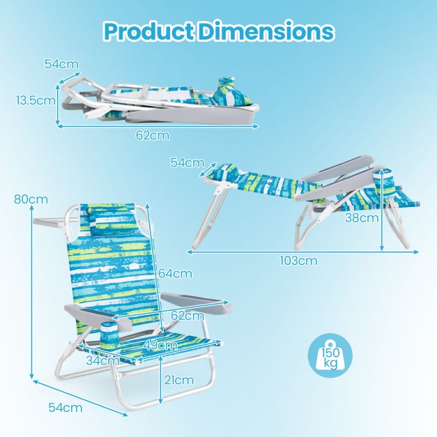 Coast Klappbare Strandstühle 62 x 54 x 80 cm – 2er-Set – 5 Neigungsstufen – Getränkehalter – Grün