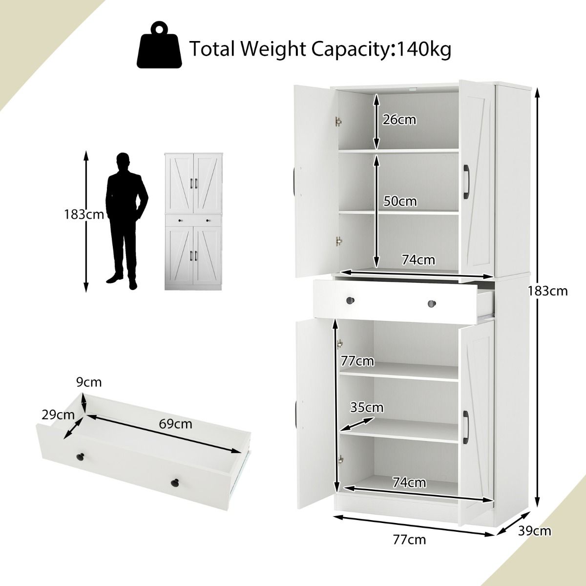 Coast Küchenschrank 77x39x183 cm Weiß - Moderner Schrank im Landhausstil mit 4 Flügeltüren, 3 verstellbaren Einlegeböden, Schublade und Kippsicherung