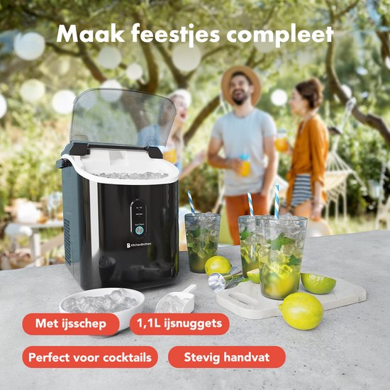 KitchenBrothers Nugget Eiswürfelbereiter - 1.1L - Crushed Ice Maker mit Eisportionierer - Tragbar - 15kg/24 Stunden - Schwarz