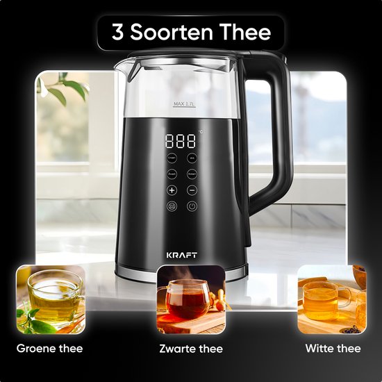 KRAFT - Wasserkocher - mit Temperaturregelung - 1,7 Liter - 2200W - Glas - LED Touch - Schwarz