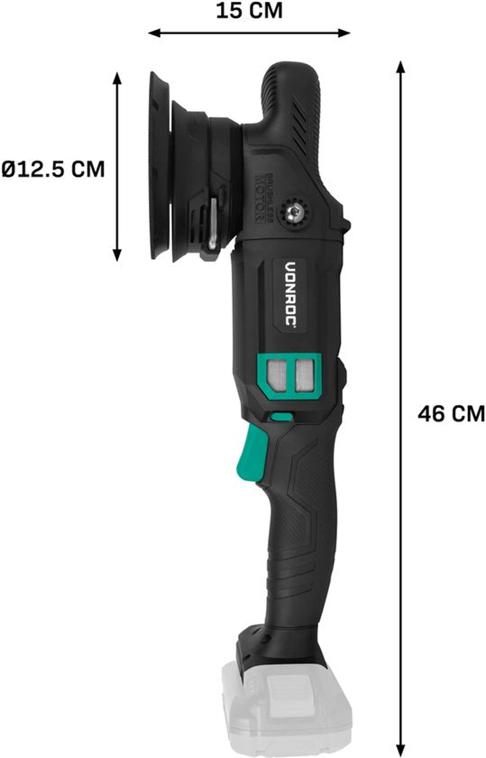 VONROC PRO Exzenterpolierer 20V - Ø 125mm - Bürstenloser Motor - 7 Geschwindigkeiten (2000-5000/min) - Soft Start - Inkl. Stützteller