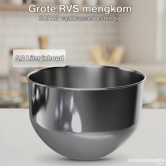 Erikssøn Küchenmaschine - 8 Geschwindigkeitsstufen mit Timer - 5L Mixer mit Rührschüssel - 1400W - Küchenroboter - Küchenmixer - Küchenmaschine - Schwarz