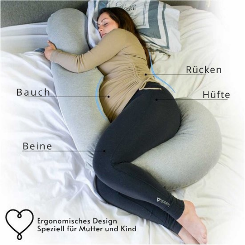 EL-Life Schwangerschaftskissen XXL - J-Shape - 155cm - abnehmbarer Jersey-Baumwollbezug - Hellgrau