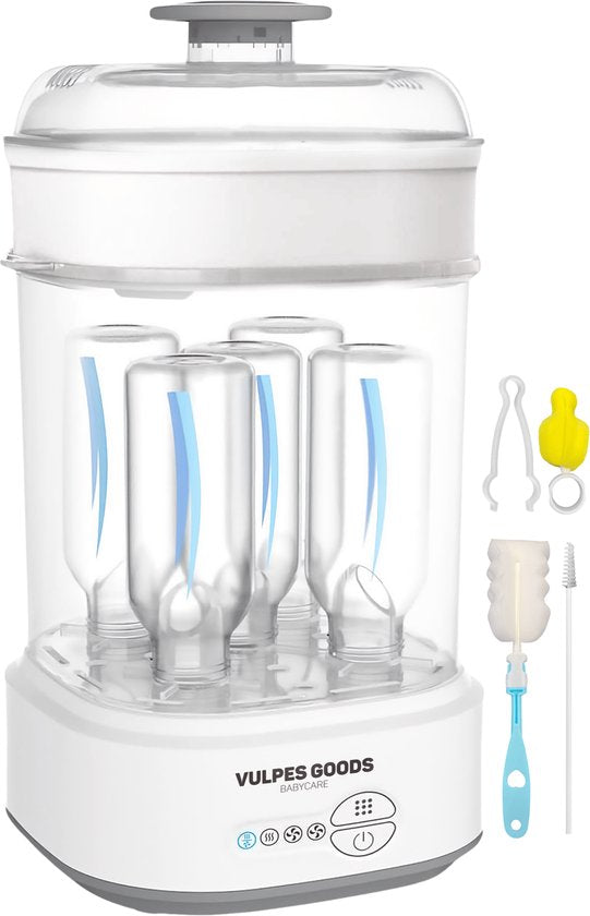 Vulpes Goods® Flaschen-Sterilisator - 5-in-1 Funktion - Mit Trocknungsfunktion & Warmhaltefunktion - Für Babyflaschen & Milchpumpen - BPA-frei - Kunststoff & Weiß