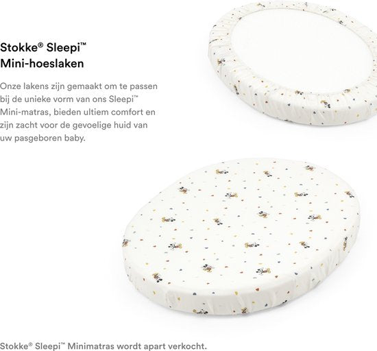 Stokke Sleepi Mini-Spannbetttuch, Mickey Celebration – Weiche Bettwäsche für süße Träume – Passend für die ovale Sleepi Mini-Matratze – Sicher, stilvoll und waschbar – 100 % feine Perkal-Baumwolle