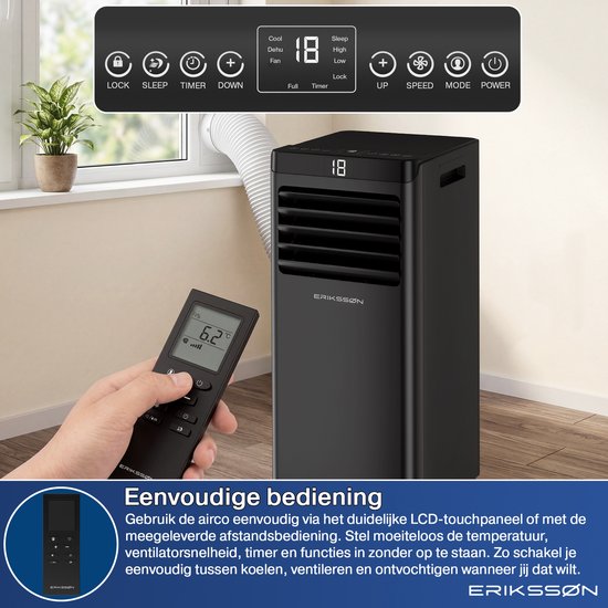 Erikssøn Mobile Klimaanlage – 10.000 BTU – inkl. Fensterdichtungsset – bis zu 30 m² – 4-in-1 – Klimaanlage – Ventilator – Luftentfeuchter – Schwarz