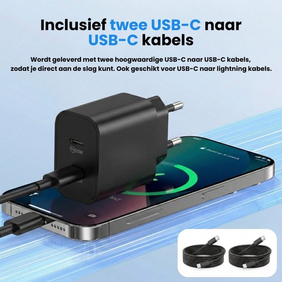 Faas USB C Ladegerät - Schnellladegerät - 40W - 2x 20W Port - 2 Kabel - 1,5 Meter - USB C Kabel - USB C zu USB C - Schwarz
