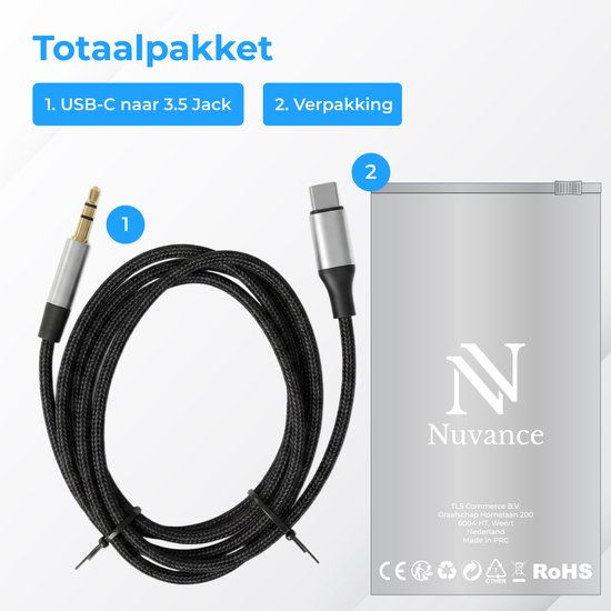 Nuvance AUX-zu-USB-C-Kabel – AUX-Kabel mit USB-C-Anschluss – 1 Meter – USB-C-zu-AUX – geflochtenes Nylon – USB-C-AUX – USB-C-zu-Klinkenstecker