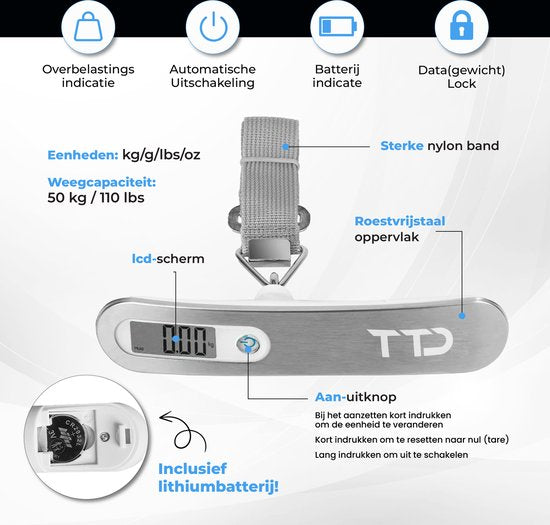 TTD® Gepäckwaage - Bis zu 50 kg - Gepäckwaage - Gepäckwaage - Hängewaage - Digitale Gepäckwaage - Gepäckwaage - Reisen mit dem Flugzeug - kg/g/lbs/oz - Batterien enthalten - Weiß