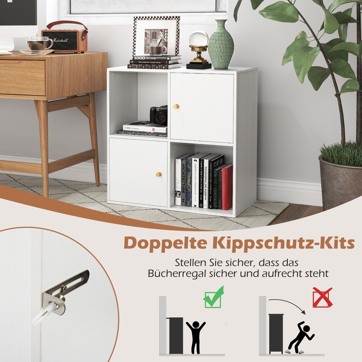 Coast Bücherregal mit 4 Fächern – mit Kippschutz – 2 Türen – weiß – 60 x 29 x 60 cm