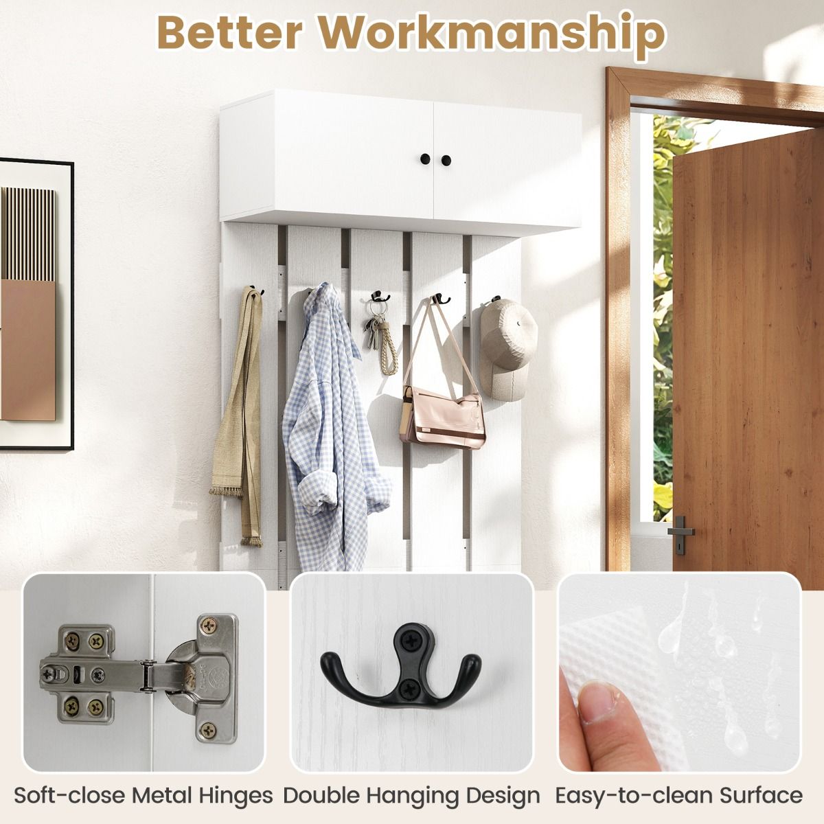 coast Wandgarderobe - 5 Doppelhaken & 2-türiger Schrank - Wandmontage - Weiß - 90x33x210 cm