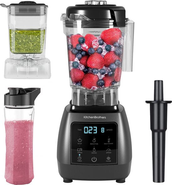 KitchenBrothers 2-in-1 Power Blender - 1600W - 2L - Komplettset mit Zerkleinerer und To-go Becher - Smoothie Maker - Ice Crusher - Metallic Grau