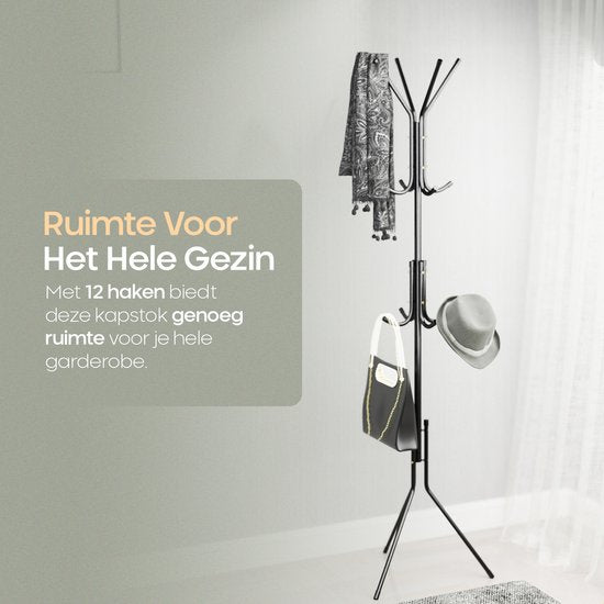 O'DADDY® Garderobenständer Upright - Aufbewahrungsständer - 12 Haken - Freistehender Garderobenständer - Upright Coat Rack - Garderobenständer - Metall - Schwarz