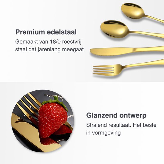 Deleca 6-Personen-Besteck-Set Harmony - Löffel, Messer, Gabeln, Steakmesser & Kuchengabeln - spülmaschinenfest - Weihnachtsgeschenk-Besteck - Gold/Edelstahl