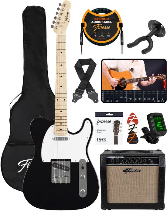 Finesse E-Gitarre mit Verstärker – inklusive Videokurs – TE-Gitarre – Erwachsene – Kinder – Schwarz