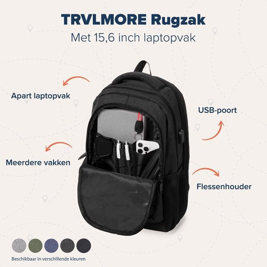 TRVLMORE Rucksack - 28L - 15.6 Zoll - Laptop-Rucksack - Schultasche - Unisex - Spritzwassergeschützt Schwarz