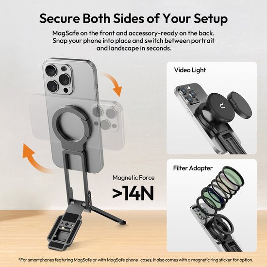 Ulanzi MA38 MagLock Handy-Fotostativ – MagSafe-Griff und Stativ – mit 2 Blitzschuhhalterungen – Aluminium