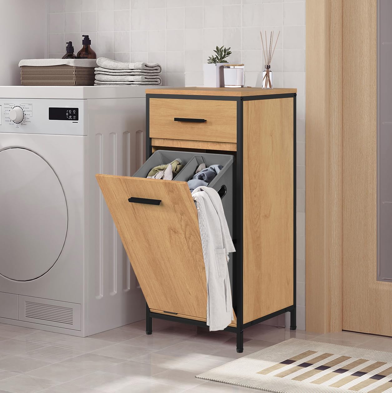 Eugad Badezimmerschrank mit Schublade und Wäschebeutel – Helles Eiche – 38 x 34 x 80 cm