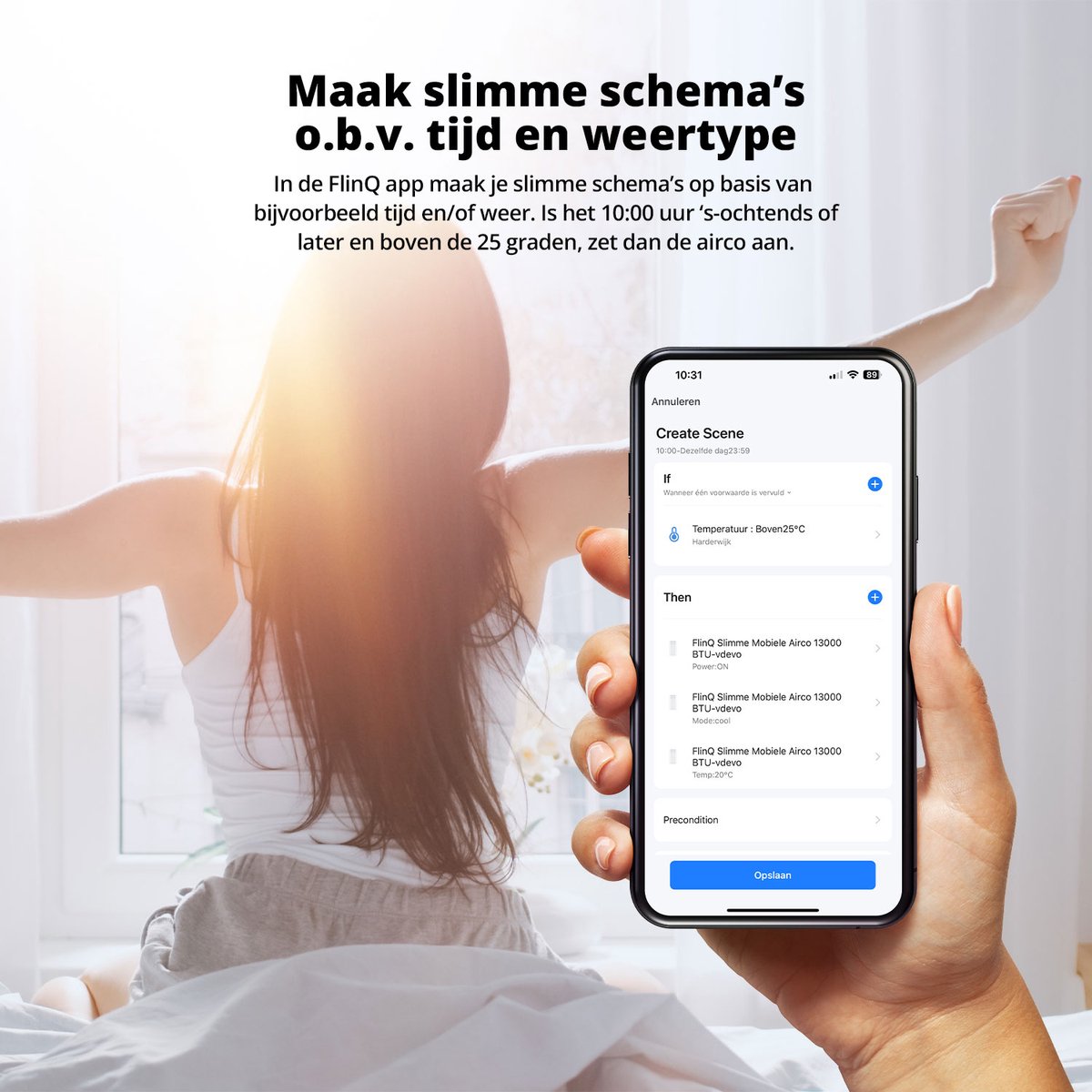 FlinQ Smart Mobile Air Conditioner - Mit Ablaufschlauch - 13.000 BTU - Silent Sleep Funktion - Kühlt bis zu 50m2 - Mit App und Fernbedienung - 41,5 x 41,8 x 79 cm - Weiß