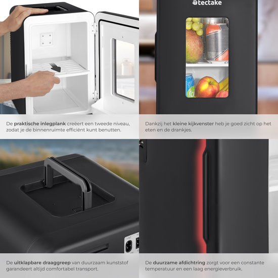 tectake® Mini-Autokühlschrank – Tragbare Minibar 14 l – 2-in-1-Funktion: Kühlen und Erwärmen – 5 bis 65 °C - Mini-Kühlschrank – Elektrische Kühlbox – 12 V + 220/240 V-Anschluss – Tragbarer Camping-Kühlschrank