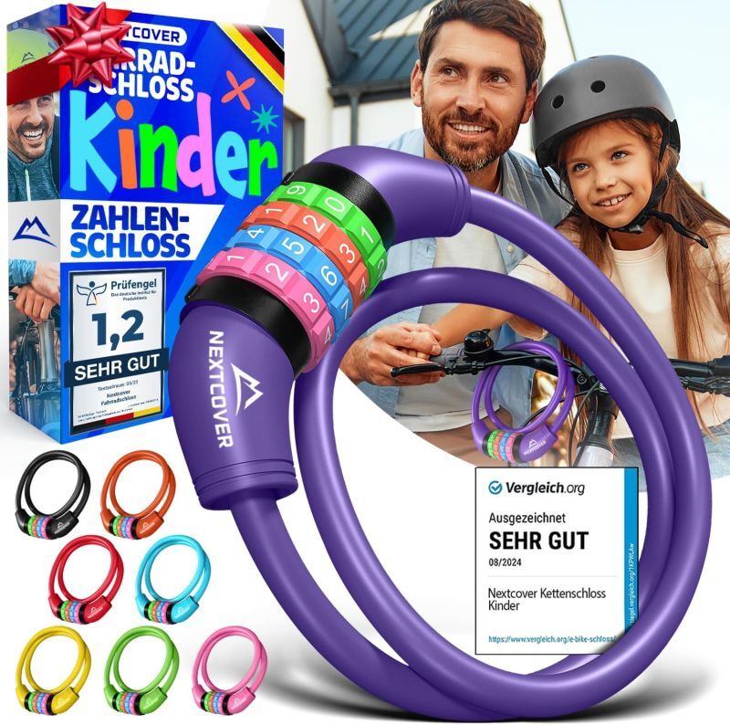 NEXTCOVER® Kinderfahrradschloss mit 4-stelligem Zahlencode - Kinderfahrradschloss - Ideal für Roller, Fahrräder & mehr - Kombinationsschloss Fahrrad mit bunten Zahlen - Rollerschloss Extra robust & sicher