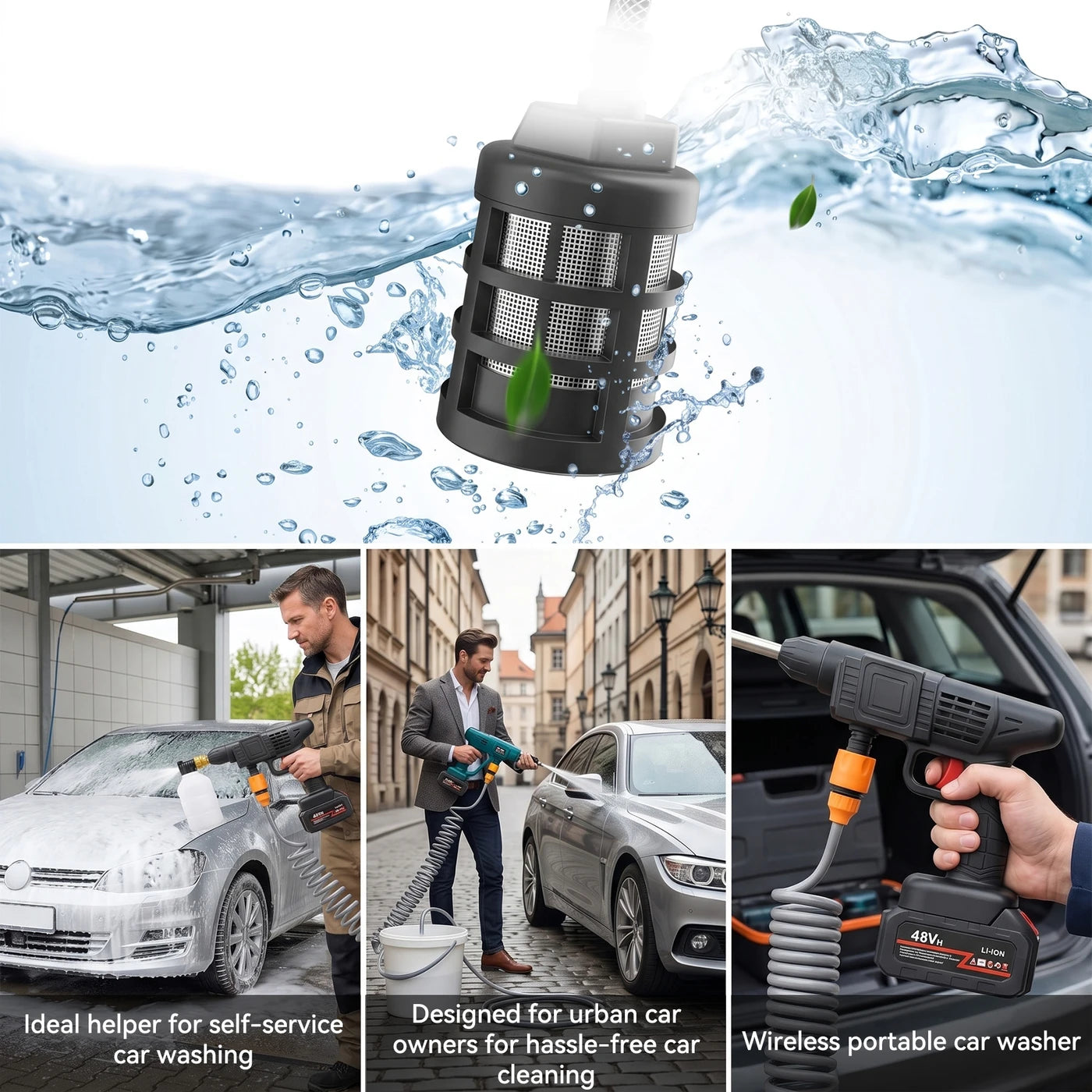 Kabelloser Hochdruckreiniger – 1500 W – Lithium-Akku – 5 Meter Wasserschlauch – Für Auto, Terrasse und Garten