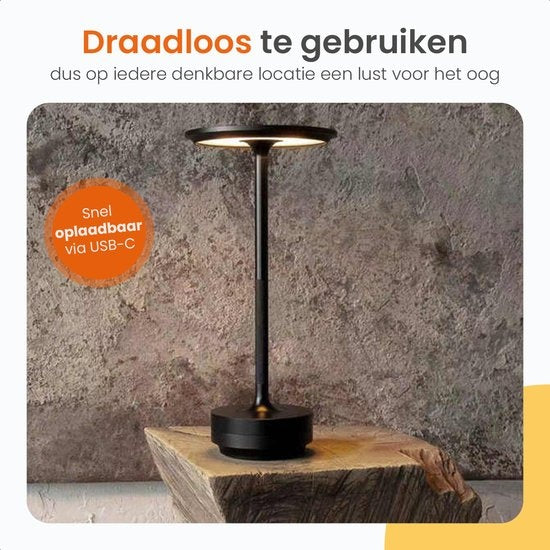 Goliving Tischlampe Wiederaufladbar - Kabellos und dimmbar - Moderne Touch-Lampe - Nachtlampe für das Schlafzimmer - Spritzwassergeschützt - 27 cm - Schwarz