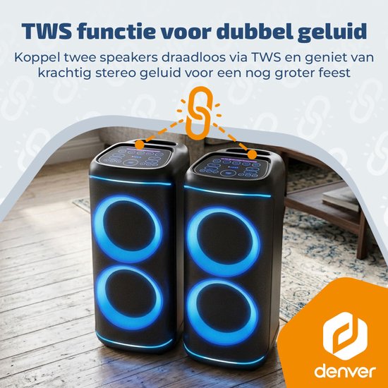 Denver Bluetooth-Lautsprecher Party Box – Disco-Lichter – Partybox – inkl. Mikrofon – Lautsprecher – BPS470