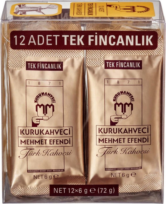 Türkischer Kaffee Kurukahveci Mehmet Efendi - 12 x 6g Beutel - Fein gemahlen - Dunkelbraun - Kompaktformat