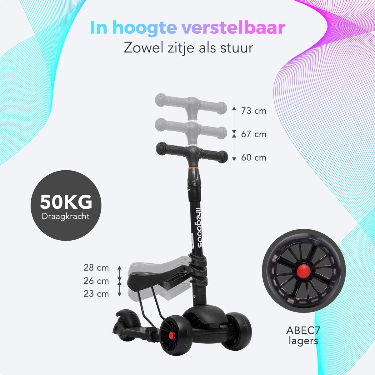 LifeGoods MultiRider Kids' Scooter - Stufe 3-8 Jahre - Verstellbarer Sitz - Leuchtende Räder - Jungen/Mädchen - Schwarz
