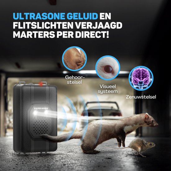 Vulpes Goods® Repellent Marderabwehr - Schädlingsabwehr - Multifunktionsset Indoor & Outdoor - Batterien, 12V & Autobatterie - Marder, Mäuse & Ratten - Steinmarderabwehr PRO - inkl. Batterien