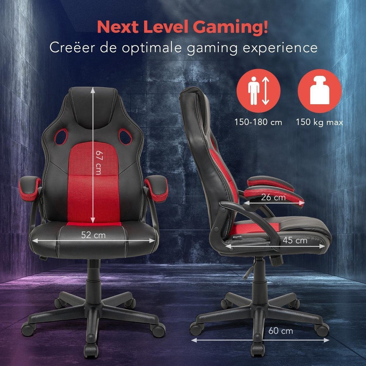 LifeGoods Gaming Stuhl - Verstellbar - Kunstleder - Rot/Schwarz