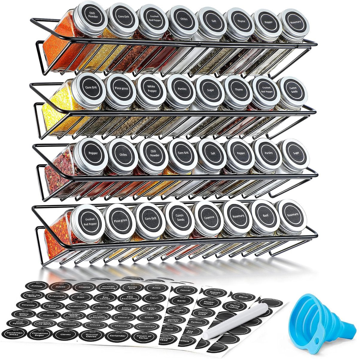 SV Living Gewürzregal Schwarz 37,3x11,9x6 cm - 32 Glasgewürzdosen mit Zubehör - Aufhängbar mit oder ohne Bohrer