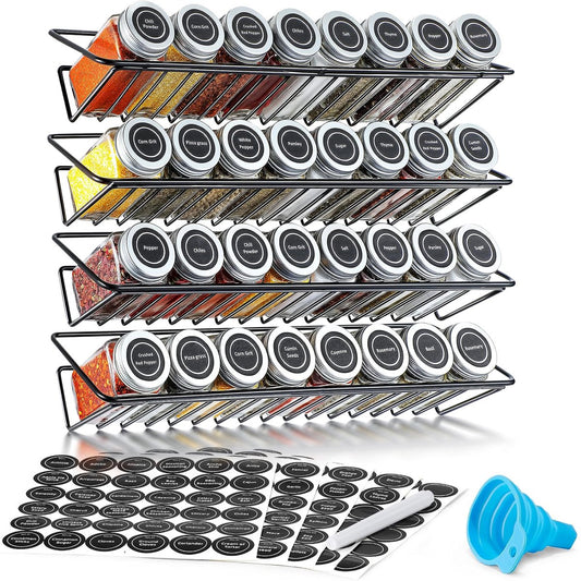 SV Living Gewürzregal Schwarz 37,3x11,9x6 cm - 32 Glasgewürzdosen mit Zubehör - Aufhängbar mit oder ohne Bohrer