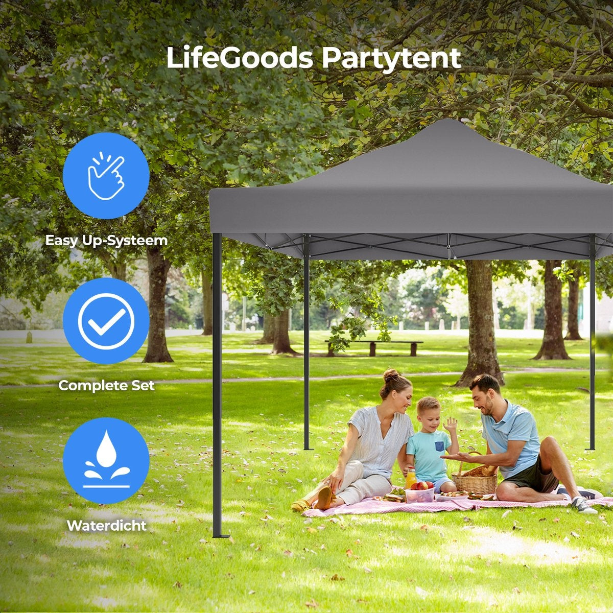 LifeGoods Partyzelt Pavillon 3,0 x 4,5 m Einfacher Aufbau Zusammenklappbar Wasserdicht Tragetasche mit Rädern Dunkelgrau
