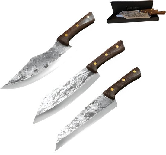 Messerset Japanische Qualität - Kochmesser und Hackmesser Premium - 3-teiliges Messerset mit Damastdruck - Eichenholzgriff poliert