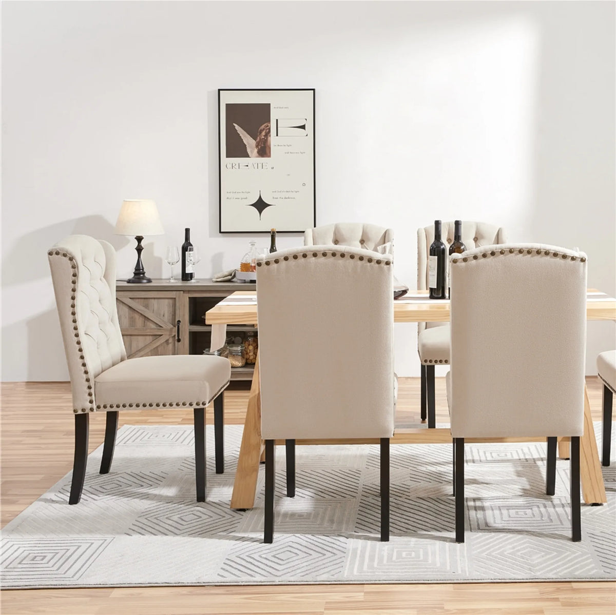 Esszimmerstühle, 2er-Set, Vintage, gepolstert, mit Holzbeinen und Ziernägeln, beige
