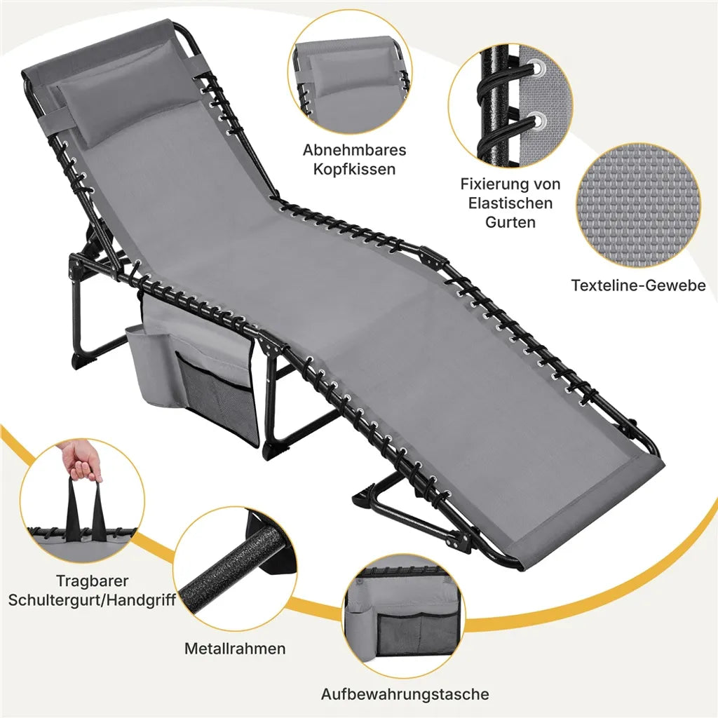 Yaheetech Klappliegestuhl 189 cm – Grau – Verstellbarer Sonnenliegestuhl mit Kopfkissen und Staufach