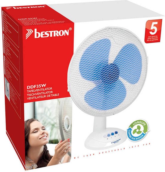 Bestron Tischventilator Ø 35cm, Ventilator mit 3 Geschwindigkeitsstufen & 75° Grad Drehfunktion, 40Watt, DDF35W, Farbe: weiß