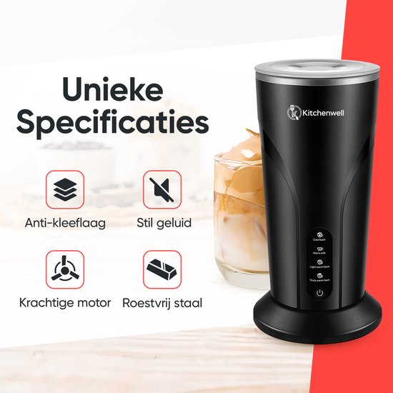 Kitchenwell Milchaufschäumer elektrisch - 4-in-1 - Milchaufschäumer - Aufschäumer für Milch - Milchaufschäumer - Schwarz