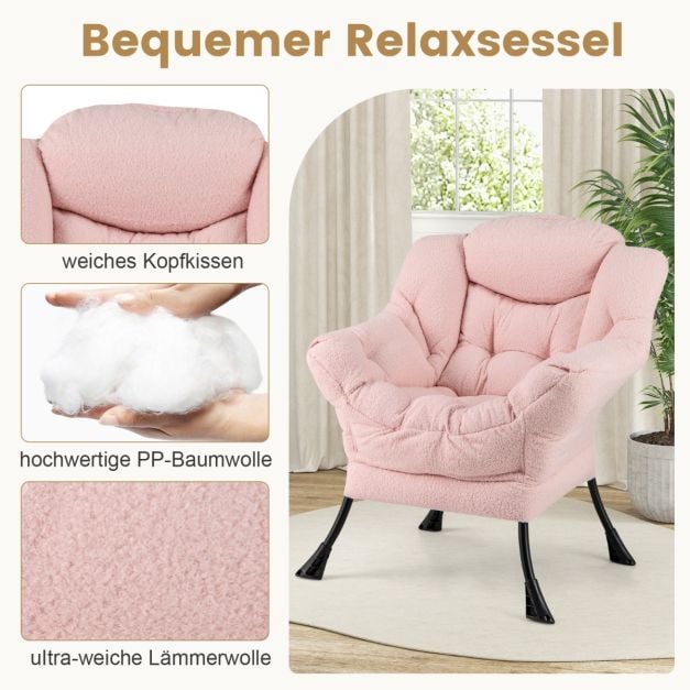 Coast Rosa Loungesessel mit Armlehnen, Kopfkissen und Seitentasche – Relaxsessel mit optionalem Fußhocker – Sherpa – Rosa