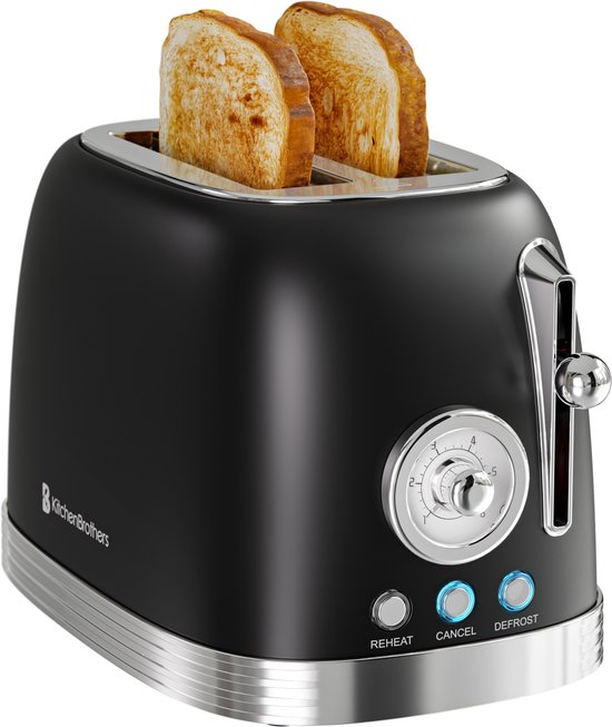 KitchenBrothers Retro-Toaster - Toaster - 6 Heizstufen - 2 extra breite Schlitze - 815W - Schwarz