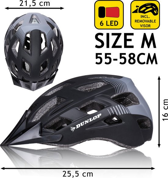 Dunlop Fahrradhelm - Mountainbike-Helm - Größe M - einstellbar 55-58cm - LED-Beleuchtung - Schwarz