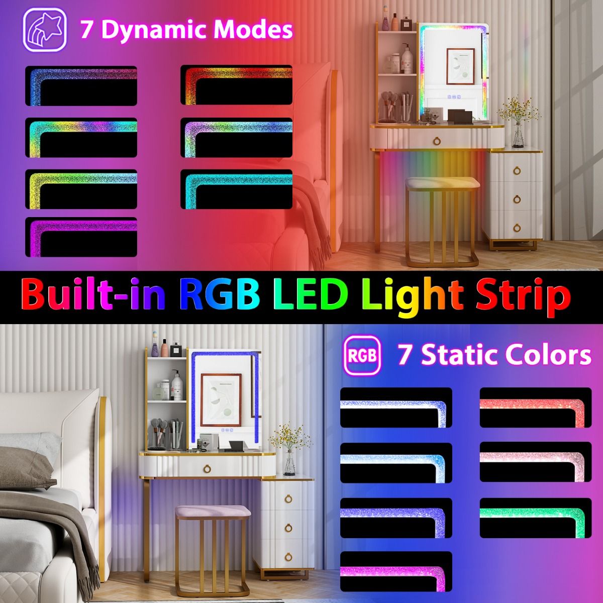 coast Schminktisch-Set mit Spiegel 80×40×137 cm - Weiß - LED mit 7 dynamischen & 7 statischen Modi - Kabellose Ladestation & USB/Type-C - Inklusive Hocker
