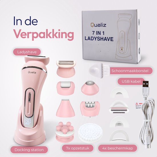 7-in-1-Ladyshaver – Epiliergerät für Damen – IPX 7 wasserdicht – Wiederaufladbar – Bikini-Trimmer – Intimrasierer für Damen – Ladyshaver für Frauen – Epilierer – Trimmer für Damen – Qualiz®