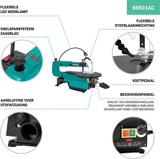 VONROC Figurensäge 120W - inkl. Fußpedal - LED-Arbeitsleuchte - Flexibles Staubgebläse - Inkl. 6 Sägeblätter